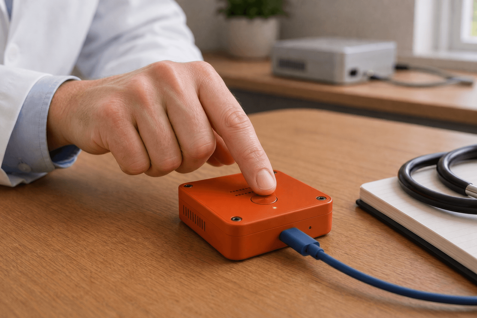 Provider pressing the circular record button on an orange Ryvo room mic capture device.