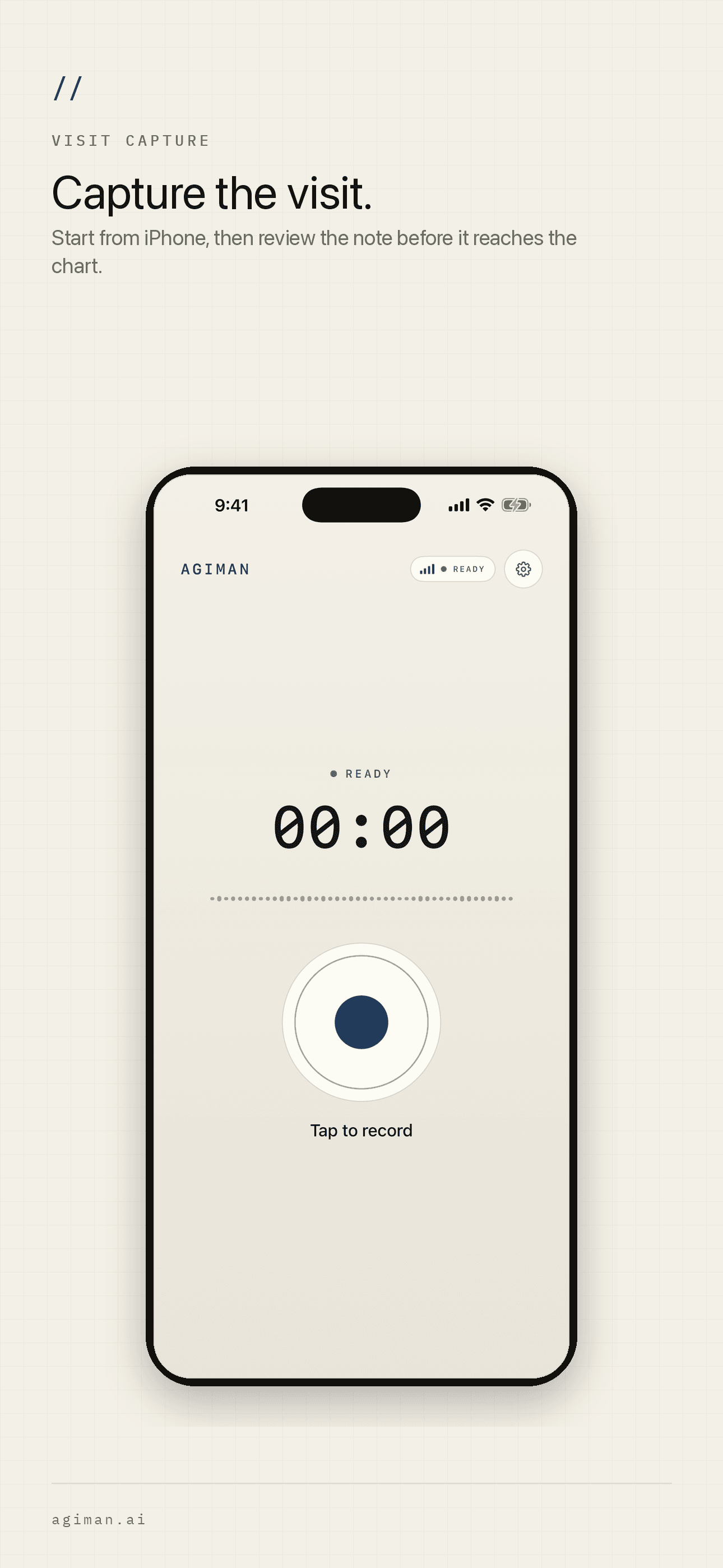 Ryvo iPhone capture screenshot showing the ready-to-record visit screen.